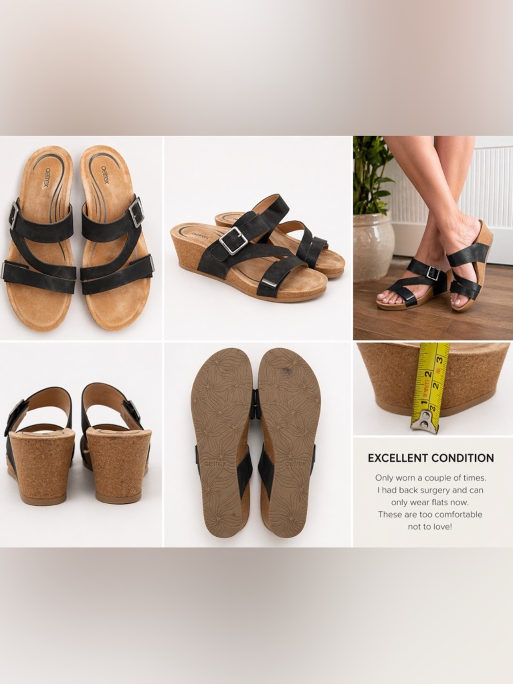 Aetrex Kimmy Black Leather Wedge Sandals Comfort Orthotic Slide EU 40 / US 9